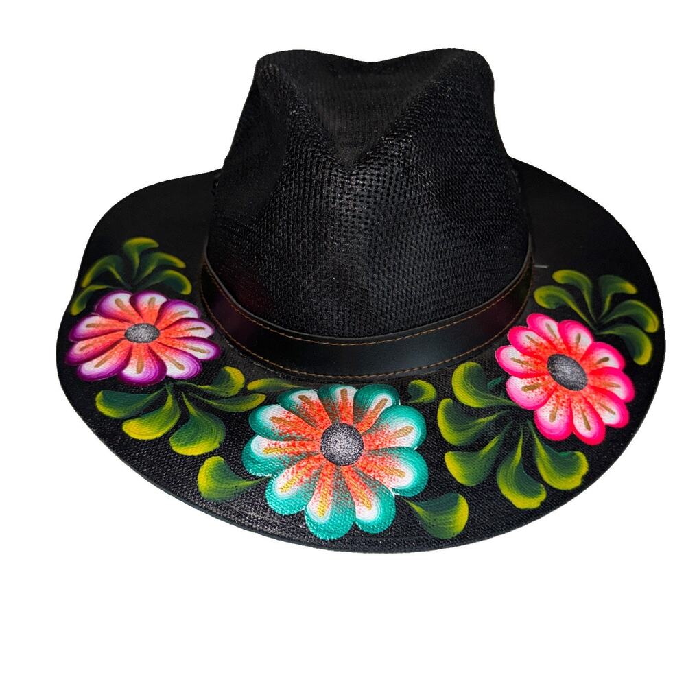 Hand Painted Mexican Artisan Fedora Black Straw Floral Bird Wide Brim Hat